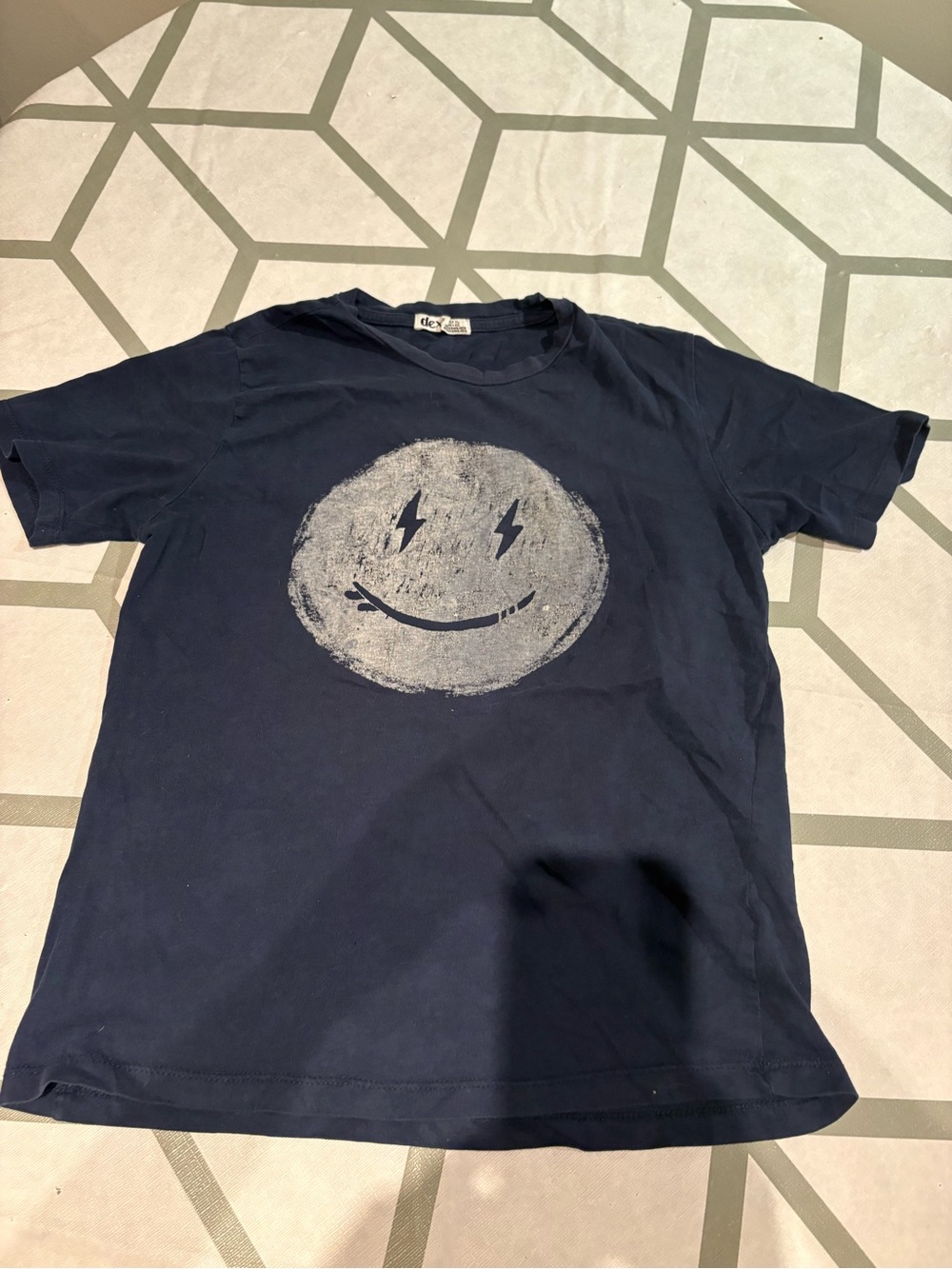 3/15$ Dex Navy Short Sleeve Tee with Distressed Silver Smiley